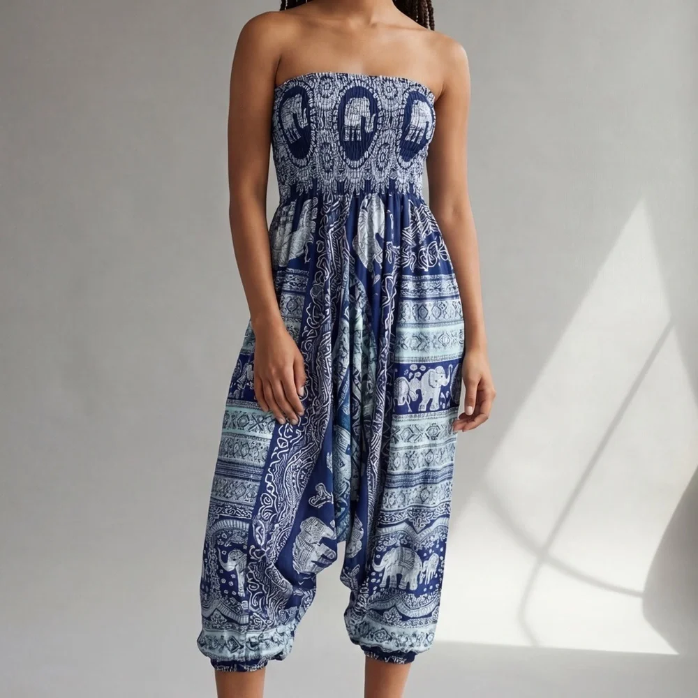 Bohemian Harem Yoga Drop Crotch Cotton Blue Elephant print romper jumpsuit boho